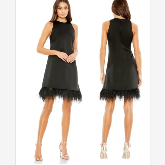 Mac Duggal Black Feathered Hem High Neck Sleeveless A Line Dress NWOT - Picture 1 of 6
